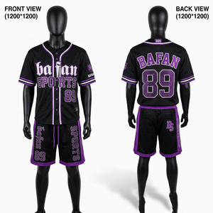 Ensemble maillot et short de baseball en polyester mesh noir et violet 180 GSM, personnalisable avec Tackle Twill pour homme - Product Image 1