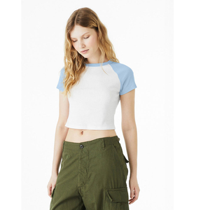 Women's <b>White</b> Blue Color Block Raglan Sleeve <b>Crop</b> Top Crew Neck Short Sleeve Casual Summer <b>T</b> <b>Shirt</b> Tee - Product Image 4