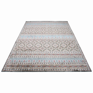 Tapis en laine et soie noué à la main, bleu ardoise et rayures géométriques dorées, 10' x 14', à poils ras, pour salon - Product Image 3