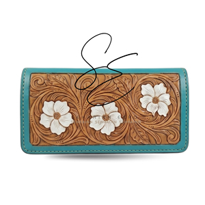SEHRAINN Portefeuille long en cuir turquoise style cowgirl, orné de fleurs, pochette élégante pour femme, toutes saisons, usage quotidien, porte-cartes - Product Image 1