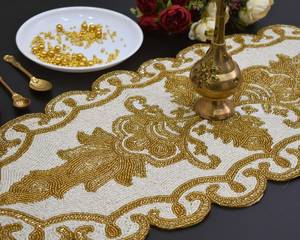 Luxury Embroidered Gold Floral <b>Table</b> <b>Runner</b> Polyester Wedding Decor India Made Hand Washable - Product Image 1