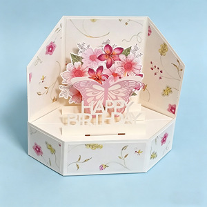3D Pop-Up Pink Butterfly Flower Birthday Card <b>Box</b> <b>Gift</b> with Matte Varnishing <b>Hexagon</b> Shape Paper Material for Women and Kids - Product Image 2