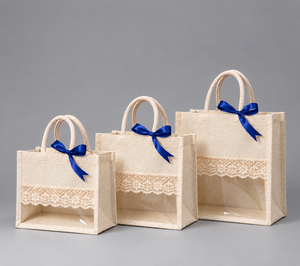 Off-White Canvas Window Bags Lace Trim Sewing Blue Ribbon Bow Wedding Favors Bridal Party Gifts Square Shape Eco-Friendly Silk - Product Image 1