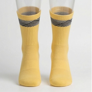 Yellow Crew <b>Socks</b> With Gray Striped Band Breathable Knitted Cotton Adult Daily Casual Wear Spring Season - Product Image 1