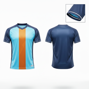 Maillot de football personnalisé à col en V avec nom d'équipe, bleu marine/bleu ciel avec bande jaune moutarde, professionnel, respirant, séchage rapide, unisexe - Product Image 1