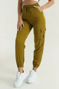 Pantalon cargo vert olive taille haute pour femme, coupe ample, avec cordon de serrage, longueur cheville, décontracté, en coton tricoté, avec poches, style automne - Product Image 6