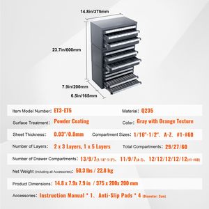Armadietto Dispenser a Tre Cassetti per Punte da Trapano da 1/16 a 1/2 Pollice, Organizzatore a Cinque Cassetti per Armadietti Portautensili - Product Image 5
