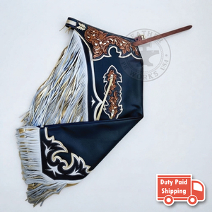 Chaps de Rodeo Western pour Homme en Cuir Véritable Blanc avec Franges, Ceinture Ornée de Motifs Floraux, Coutures Décoratives, Fermeture à Boucle, Coupe Décontractée - Product Image 2