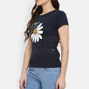 Camiseta de Manga Corta para Mujer, Cuello Redondo, Color Azul Marino, con Estampado de Margaritas, Informal, Primavera-Verano, 100% Algodón, Corte Regular - Product Image 5