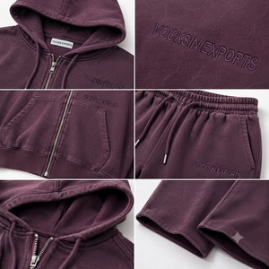 Ensemble survêtement Vocksin vintage violet à capuche zippée pour homme, coupe oversize, pantalon cargo à jambes larges, en molleton de coton premium pour l'hiver - Product Image 4