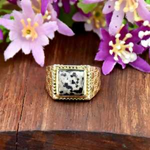 Anillo de sello de oro vermeil de 18 quilates con jaspe dalmático para hombre, joyería fina, diseños de anillos de plata 925, joyería de oro al por mayor - Product Image 1