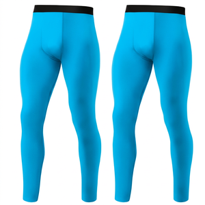 Leggings de compression pleine longueur pour hommes, couleur noire unie, en Spandex et Nylon, taille élastique, vêtements de sport - Product Image 2