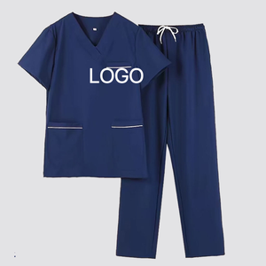 Ensemble de blouses médicales unisexe en coton et polyester tissé, uniforme d'hôpital bleu, col en V avec poches et pantalon à cordon de serrage - Product Image 1