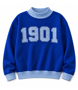 Sweat-shirt pour femme, bleu royal, avec logo appliqué sur le devant, motif à carreaux 1901, 200g, col rond, coupe classique, pull-over, vêtements décontractés d'automne - Product Image 1