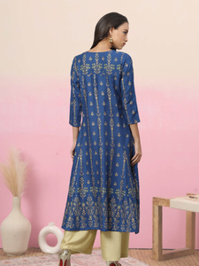 ชุดคุर्ตาอานาร์กาลีผ้าเรยอนสีน้ำเงินพิมพ์ลายดอกไม้สำหรับผู้หญิง คอทรงเรือ แขนสามส่วน เหมาะสำหรับสวมใส่ลำลองสไตล์ชาติพันธุ์ทั่วโลก - Product Image 4