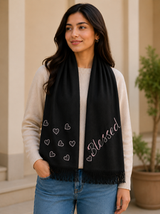 Women's Long Wool Scarf Black Floral <b>Embroidered</b> Rose Pattern Winter <b>Shawl</b> With Fringe Edge Durable Daily Wear - Product Image 2