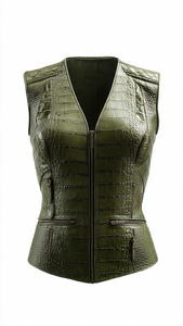 เสื้อกั๊กหนังลายนูนสีเขียวสำหรับผู้หญิง คอวี ปิดด้วยซิป - Product Image 5