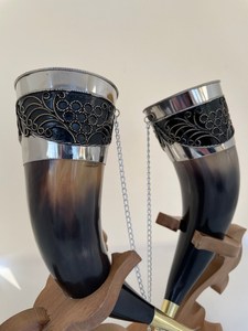 Custom Molding Silver Pattern Viking Horn Beer Horn With Wooden Holding <b>Stand</b> For Bar Restaurant at Reasonable Price by UO INDIA - Product Image 3