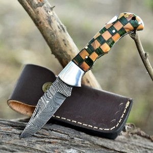 Nordic Forge Damascus Steel Folding <b>Knife</b> Back <b>Lock</b> Olive & Pakka wood Handle Sheath Pocket EDC Camping Hunting <b>Knife</b> - Product Image 1