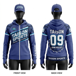 Sweat à capuche d'entraînement pour équipe de hockey sur glace féminine, 320 GSM, polaire de performance en polyester premium, design à panneaux bleu marine, or et blanc, logo personnalisé - Product Image 5