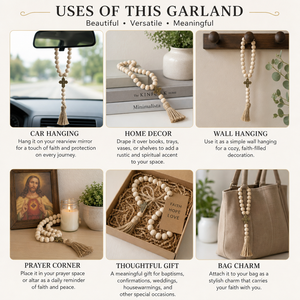 Handmade Wood Bead Garland with Jute Tassel and Cross, Farmhouse Boho Prayer Beads for Wall Hanging and <b>Tiered</b> <b>Tray</b> Decor - Product Image 3