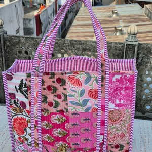 Handmade Cotton <b>Quilted</b> Tote Bag Floral Panelled Bohemian Style Open Closure Women's Shopping Bag All Seasons - Product Image 3