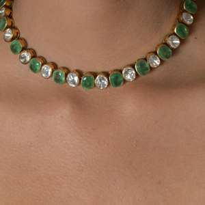 Collier Gajaah 925 en argent sterling, la collection Eternal Garden Rivière, un ensemble classique de colliers en émeraudes et diamants Polki pour femmes - Product Image 1