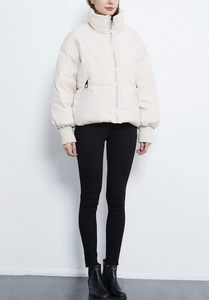 Women's Cream Quilted Puffer Jacket Full Sleeve <b>Stand</b> Collar Zipper Closure Solid Color Winter Thick <b>Coat</b> - Product Image 3