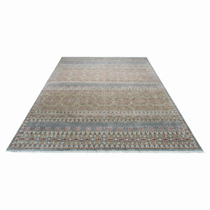 Tapis en laine noué à la main vert sauge et rouille, motif géométrique multi-bandes, tapis de luxe pour salon, lavable, oriental, à poils ras et fins - Product Image 2