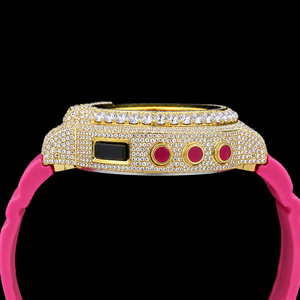 Vibrant Luxury Hip Hop <b>Digital</b> <b>Watch</b> Iced Gold Tone Bezel Stainless Steel Pink Strap Sapphire Crystal Sparkling Stones Quartz - Product Image 4