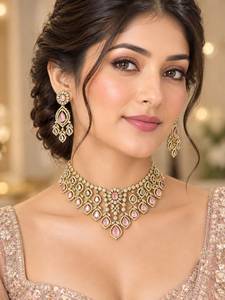 Indian Mores Gold Plated <b>Crystal</b> Rhinestone Moissanite Bridal Jewelry <b>Set</b> Necklace Earrings Engagement Gift Wedding Party Wear - Product Image 4