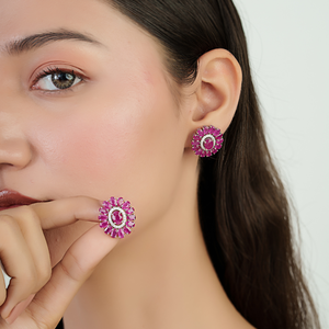 Los Productos Más Vendidos y Más Hermosos, Pendientes de Flor con Halo de Rubíes y Diamantes 100% Genuinos, Joyería de Oro Blanco Puro de 14K - Product Image 2