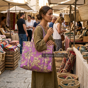 Handcrafted Jaipur Hand Block Print Quilted Cotton Tote <b>Bag</b> <b>Large</b> Capacity Floral Handbag for Women Travel <b>Beach</b> Shoulder <b>Bag</b> - Product Image 2