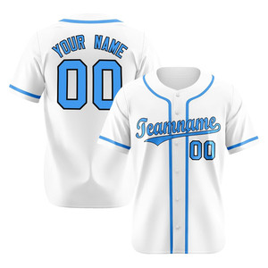 Camiseta de Béisbol Personalizada Blanca con Ribete Azul, Botones Completos, Nombre del Equipo Impreso, 00, Unisex, Adulto, Absorbe la Humedad, Manga Corta - Product Image 1