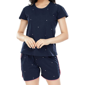 Women's Navy Dot <b>Rhinestone</b> Breathable T-Shirt Short Sleeve O-Neck Casual Summer <b>Top</b> Regular Fit Knitted 100% Cotton - Product Image 4