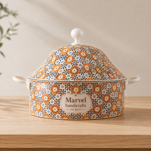<b>Marvel</b> Handicrafts Floral Enamel Casserole Serving Pot with Lid Orange <b>Print</b> Side Handles Premium Kitchen Dining Serveware Gift - Product Image 1