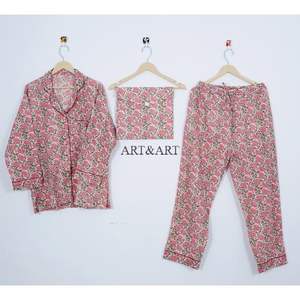 Conjunto de Pijama de Algodón Hecho a Mano en India para Mujer, Estampado Floral, Transpirable, Suave, de Secado Rápido, Cómodo, de Manga Larga - Product Image 6