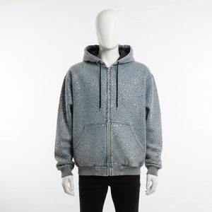 Mens Luxury Rhinestone Embellished <b>Zip</b> Hoodie Grey Custom Fabric Sparkle Stone Detail Full <b>Zip</b> <b>Hooded</b> Sweatshirt Casual - Product Image 5