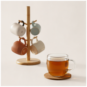 Porte-tasses moderne et écologique en bois naturel avec 6 crochets, support de comptoir robuste fait main pour tasses à café, organisateur de cuisine - Product Image 2