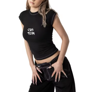 Hot Selling Women Streetwear Baby Tee Custom Logo Slim Fit Cotton T Shirt Short Sleeve Casual Y2K Fashion <b>Top</b> - Product Image 3