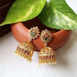 Gold Plated Orthodox Jhumka Stud Earrings with Pearl and Diamond for Wedding Party Gift - Product Image 1
