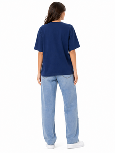 Camiseta gráfica azul marino de primera calidad para mujer, camiseta informal extragrande con estampado Stop And Think, camiseta de algodón con cuello redondo y manga corta - Product Image 2
