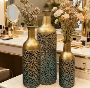Elegant set of three tall cylindrical <b>gold</b> metal <b>vases</b> with beautiful openwork lattice design available at wholesale prices. - Product Image 5