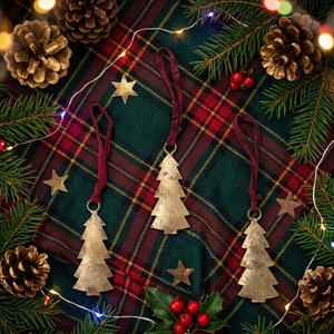 Set Of Five Golden Metal Christmas <b>Tree</b> <b>Ornaments</b> With Red Ribbon Hangers For Festive Holiday Decorating And <b>Tree</b> Display - Product Image 4