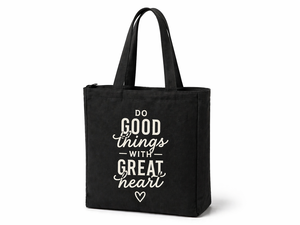 Sac fourre-tout en toile imprimé « Faites des choses bien faites avec un grand cœur », fermeture éclair, noir, sac de courses réutilisable - Product Image 1
