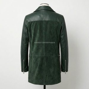Custom Mens Forest Green Leather <b>Suede</b> Long Trench Coat Mixed Media Double Rider Biker <b>Jacket</b> Wholesale Outerwear Manufacturer - Product Image 2