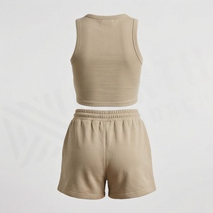 Conjunto Casual de 2 Piezas Tejido para Mujer, Top Corto sin Mangas con Estampado de Letras y Pantalones Cortos por Encima de la Rodilla, Beige, Algodón, Ropa de Primavera/Verano - Product Image 2