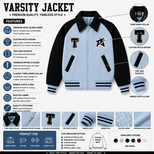 Light Blue Black Sleeve Varsity <b>Jacket</b> Men Preppy Style Embroidered Letter T <b>Star</b> Patch Zipper Front College <b>Jacket</b> - Product Image 6