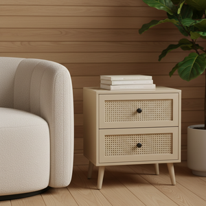 Table d'appoint moderne et écologique à 2 tiroirs, 5+ compartiments, en bois d'hévéa, MDF, placage de chêne et détails en rotin. Table de rangement pour salon - Product Image 6