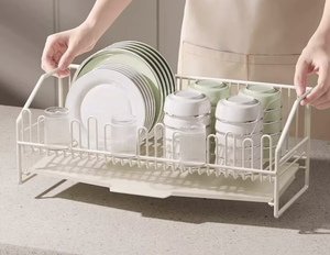 White <b>Dish</b> <b>Rack</b> With Draining Tray 2-Tier Kitchen Organizer For Plates Cups And Utensils Freestanding Countertop Storage - Product Image 3